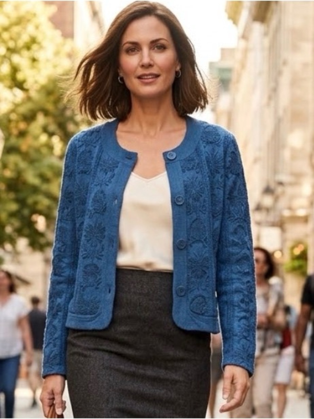 Vintage Chico's Blue Floral-Textured Button Cardigan